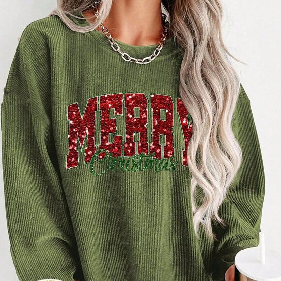 Army Green Casual Women's Christmas Slogan Graphic Sweatshirt - Picture 2 of 3